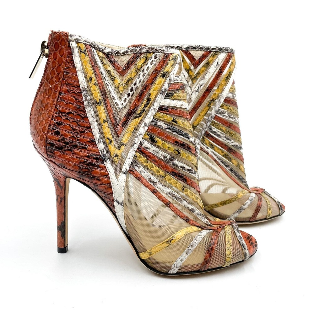 Jimmy Choo Kara Snake Print Booties Mesh Panels Peep Toe Ankle Sz 36.5 / 6.5